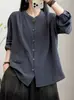 Otoño Nuevo Vintage Color Sólido Cuello Redondo Versátil Suave Algodón Camisa Corte Holgado Ocultando Botones Blusa Venta al por Mayor