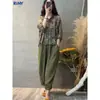 Moda Casual 2025 Conjunto de Algodão e Linho Tamanho Grande Top Estampado Solto Calça Harem de Linho Conjunto Casual de Duas Peças