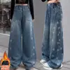 Calça Jeans Feminina Inverno 2026 Nova Estilosa Solta Infantil Calça Wide Leg Crianças Média e Grande Calças Espessas com Pelúcia Tendência