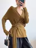 ¡Sensación de Pereza y Relajación! Moda Tejido de Punto con Escote en V y Tirantes para Mujer en Primavera y Otoño Aspecto Adelgazante de Cintura Top de Punto de Manga Larga