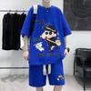 Pantalones Cortos de Gofre Ropa Deportiva Moda Masculina Suelto Estampado de Dibujos Animados Manga Corta Pantalones Cortos Conjunto de Dos Piezas Moderno