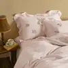 Gaze de dupla camada YU~ Conjunto de cama de quatro peças em gaze 100% algodão bordado em estilo francês, amigável à pele, com lençol com elástico e capa de edredom