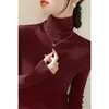 Elegante y sofisticado suéter de cuello alto verde oscuro con mangas largas, camisa base tejida para mujer A5455