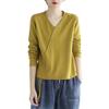 Camiseta Base Artística Retro con Cordón Ajustable Cuello en V Manga Larga para Chica Rellenita Otoño Nuevo Jersey Cubre Vientre Reductor de Edad Combinable