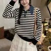Suéter de Punto Falso de Dos Piezas con Cuello Polo Suelto y Mangas de Mezclilla Patchwork para Mujer, Nueva Moda Otoño/Invierno 2025 Tendencia