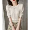 Elegante blusa de tricô com mangas bufantes de seda gelada de comprimento três quartos para mulheres, camiseta fina de verão de manga curta soltinha no estilo coreano