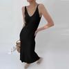 Vestido de Tricô com Decote V e Alças Crochê Vazadas, Saia Evasê, Design Sexy, Cintura Alta Estilo Férias