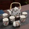 Conjunto de Chá Jogo Bule Grande Porcelana Azul e Branca Bule com Alça de 7 Cabeças Cerâmica Peônia Chinês Retrô Atacado Xícara de Chá Doméstica