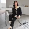 Pijama de Mujer para Otoño e Invierno Cardigan de Imitación Algodón Manga Larga Pantalón Largo Conjunto Ropa de Casa Sencilla Se Puede Usar Afuera con Copas Integradas