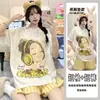 Transmissão ao Vivo de Pijamas Femininos Populares com Bojo, Shorts de Manga Curta em Algodão Nuvem, Conjunto de Pijama Soltinho com Desenho que Pode Ser Usado Fora