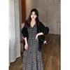 Talla Extra Grande mm Estilo Suave Vestido Chaleco para Mujer Otoño Nuevo Reductor de Cintura Reductor de Edad Falda Larga Línea A Conjunto de Dos Piezas