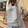 Mochila de Ombro Duplo com Textura Cinza Claro Simples Japonesa para Mulheres Leve Grande Capacidade para Alunos do Ensino Fundamental II e Ensino Médio