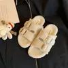 En stock para el hogar otoño e invierno 2026 pantuflas peludas de doble tira para exteriores estilo perezoso para mujer, zapatos Birkenstock cálidos y versátiles de suela gruesa