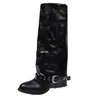 Botas Longas Cavaleiro Rebite Retro Americano Femininas Bico Fino Salto Grosso Desgastadas Amassadas Empilhadas para Barra de Calça Fivela de Cinto Estilo Western