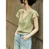 Camisa de Manga Corta Estilo Francés para Mujer, Nuevo Modelo Verano 2026, Mangas Ligeramente Volantes, Empalme de Encaje, Top Elegante y Adelgazante, Moderno