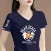 Comércio Exterior Transfronteiriço Último Estoque Grande Marca Etiqueta Cortada Manga Curta Camiseta Feminina Verão Solta Casual Petite Decote V Meia Manga