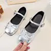 Bailarinas Plateadas con Moño Poco Profundas para Niñas, Novedad Primavera 2026 Estilo Francés Planas Mary Jane Zapatos Vintage de Cuero