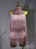 Macacão de Rede com Gola Halter de Manga Longa com Franjas de Strass para Performance de Cantora em Palco de Boate - Venda Quente Transfronteiriça Europeia e Americana