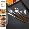 Juego de Cubiertos de Acero Inoxidable Portugués con Mango Imitación Madera 304 Transfronterizo, Juego de Cuatro Piezas 24 Piezas Cuchara de Postre Tenedor Cuchillo para Filete
