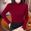 Camisa de veludo canelado, plus size, gola semi-alta, manga longa, outono feminino, cor sólida, camisa básica de gola média para mães de meia-idade