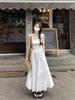 Verano nuevo estilo francés blanco sin mangas vestido chaleco para mujer elegante de alta calidad cuello cuadrado adelgazante de cintura falda larga
