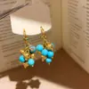 Brincos de Franja Redondos de Resina Azul com Contas de Areia Azul Lago, Brincos Estilo Retrô, Luxo Leve, Brincos de Moda de Alta Qualidade