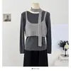 Camisola Corta de Punto con Cuello Halter y Cinta en Capas + Suéter de Punto de Cuello Redondo y Manga Larga Otoño e Invierno Conjunto de Dos Piezas para Mujer