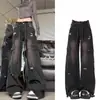 Calça Jeans de Trabalho Retrô com Barra Desfiada High Street Americana para Mulheres Outono e Inverno Novo Design de Cintura Alta Reta Perna Larga Arrastando no Chão