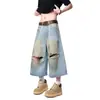Calça Jeans Rasgada Cropped para Meninos Verão 2025 Nova Marca de Moda Americana Bonita Solta Reta Casual Shorts