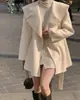 Abrigo de lana chic coreano con cuello azul marino francés y cintura con cordones