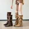 Botas de Caballero Retro Estilo Páramo Primavera 2026 con Borlas Tacón Grueso Hasta la Rodilla Botas Ceñidas Fruncidas a Media Pantorrilla Mujer