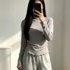 Camiseta de Manga Larga para Mujer, Estilo Delgado de Otoño e Invierno, Top con Borde Fruncido, Estilo Coreano, Moderno, Ajustado, Sexy, Cuello Semi Alto, Camiseta Base para Capa Interior
