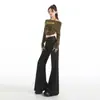 Calça Jeans Flare de Cintura Alta Preta e Dourada para Mulheres, Novo Estilo Primavera e Outono 2026, Caimento Solto, Design Emagrecedor, Calça Flare Longa até o Chão