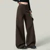 Jeans Anchos de Pierna Color Café Retro Americano Talla Grande para Mujer MM Gordita Estilo Primavera y Otoño Versátiles Holgados de Pierna Recta Pantalones de Largo hasta el Suelo