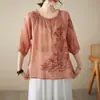 Camisa bordada de estilo chino, artística y elegante, con un diseño retro, de corte holgado, tejido fino y manga corta, perfecta para el verano y para crear un efecto adelgazante.