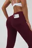 Calça de yoga feminina de perna larga com bolsos traseiros, adequada para esportes, fitness, uso casual, versátil, moderna, macia, confortável, respirável e elegante.
