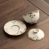 Juego de Taza de Té Gaiwan de Tres Piezas Resistente al Calor, Tazón de Té Kung Fu de una Pieza Ru Kiln Crackle Glaze de Lujo Ligero de Alta Gama, Caja de Regalo para Juego de Té