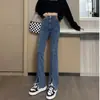 Pantalones Negros Mujer Talla Pequeña Primavera y Otoño Combinación Cintura Alta Ajustados con Abertura Acampanados Pantalones Vaqueros con Forro Alto de Felpa Microacampanados