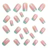 Manicure Europeia Quadrada de Comprimento Médio, Adesivo de Manicure Gradiente Rosa Azul, Unhas Postiças Brilhantes, Beleza Removível