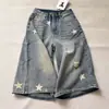 Jeans Rasgado Cropped com Estampa de Estrela Retro Americano para Mulheres Verão Novo Cintura Alta Perna Larga Reto Casual Capris