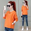 Algodón Puro Fresco Color Puro Cuello Redondo Sudadera de Mujer Primavera y Otoño Nuevo Talla Grande Manga Larga Cuello Redondo Bolsillo Top para Estudiantes