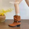 Botines retro de punta, plisados, para mujer, nueva colección otoño/invierno, con hebilla de cinturón, estilo vaquero occidental, tacón grueso, botas de montar