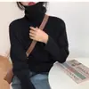 Suéter gola alta feminino para outono e inverno de 2025, casual e macio, de corte solto, com gola alta sobreposta, blusa de base em tricô
