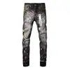 Jeans Skinny Masculino Azul Rasgado Punk Retro Estilo Comércio Exterior AM Transfronteiriço Stretch Estampado Slim-Fit
