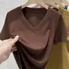 Camiseta de Verano Nueva para Mujer, de Mezcla de Seda y Algodón, Color Sólido, Diseño de Cuello en V, sin Cierre, Manga Corta, Versátil para el Trayecto Diario
