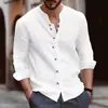 Camisa de Manga Larga para Hombre, Color Sólido, Cuello en V, Botones, Estilo Retro Americano, para Primavera y Otoño, Imitación Lino, Nuevo 2026