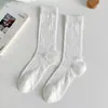 Calcetines blancos para mujer verano finos estilo ballet calcetines de media pantorrilla malla huecos transpirables algodón puro calcetines holgados color liso calcetines largos