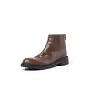 Botas femininas curtas feitas de couro de flor integral, com bico redondo, zíper traseiro e salto médio grosso, perfeitas para outono e inverno. Estas botas curtas confortáveis são um novo estilo