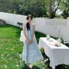 2026 Verano Nueva Moda Casual Juvenil Estilo Vacacional Tejido Cuello Retorcido Azul Cielo Vestido Halter Moderno