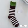 Calcetines de Bloques de Color Doble Vuelta para Mujer, Calcetines de Media Pantorrilla con Borde Enrollado Estilo Universitario Retro, Calcetines Elásticos de Felpa Transpirables Absorbentes de Sudor de Algodón